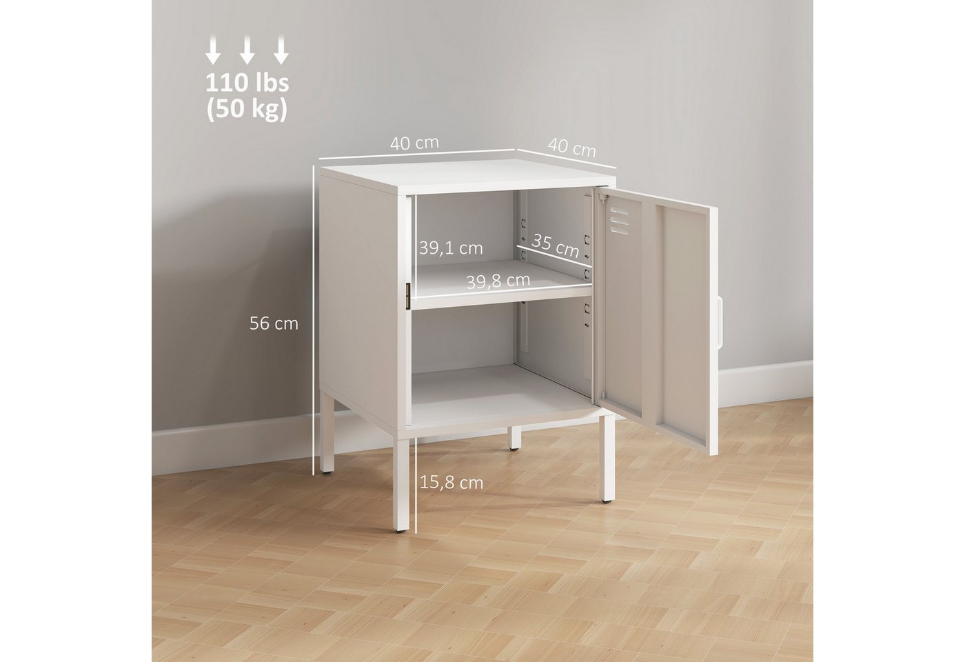 HOMCOM Nachttisch Stahl, verstellbarer Ablage, magnetischem Türverschluss, Stahlrahmen (Beistelltisch, 1-St., Nachtschrank), für Schlafzimmer, Wohnzimmer, Weiß, – Bild 3 von 5