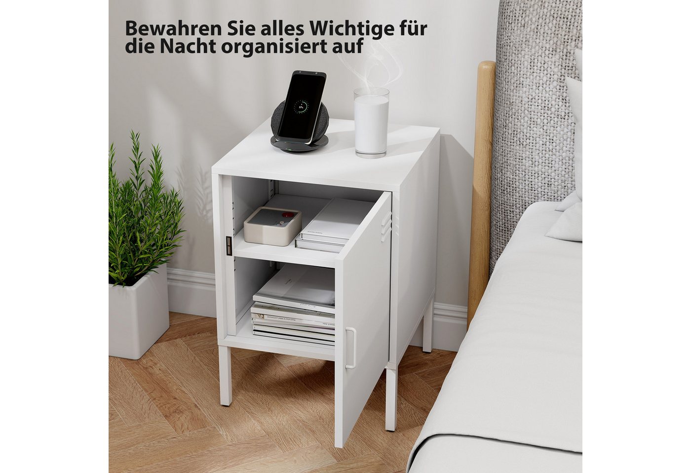 HOMCOM Nachttisch Stahl, verstellbarer Ablage, magnetischem Türverschluss, Stahlrahmen (Beistelltisch, 1-St., Nachtschrank), für Schlafzimmer, Wohnzimmer, Weiß, – Bild 4 von 5