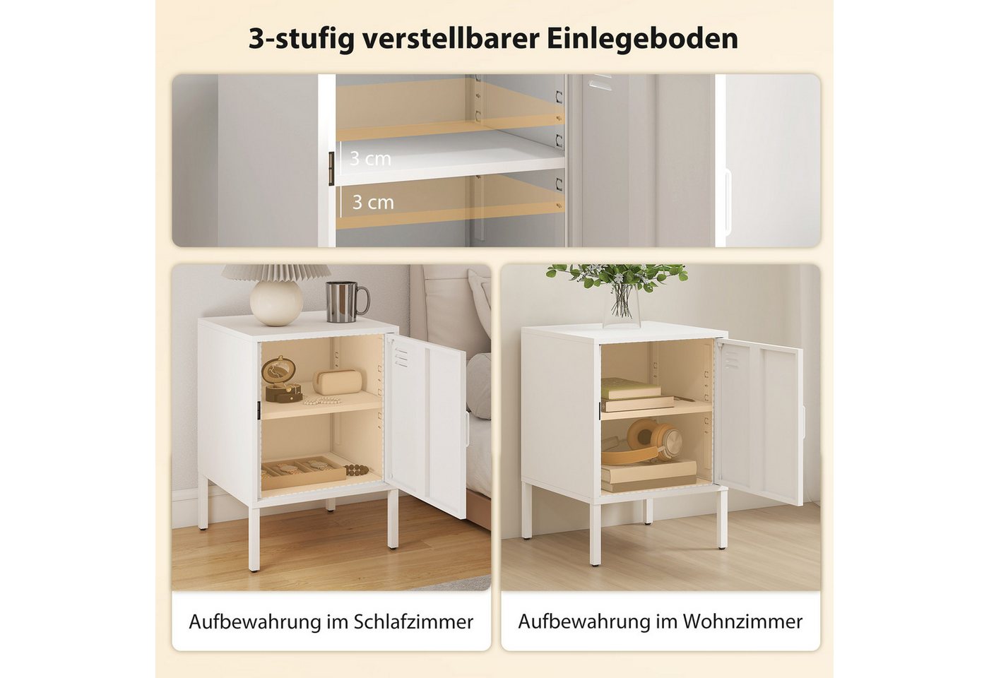 HOMCOM Nachttisch Stahl, verstellbarer Ablage, magnetischem Türverschluss, Stahlrahmen (Beistelltisch, 1-St., Nachtschrank), für Schlafzimmer, Wohnzimmer, Weiß, – Bild 5 von 5