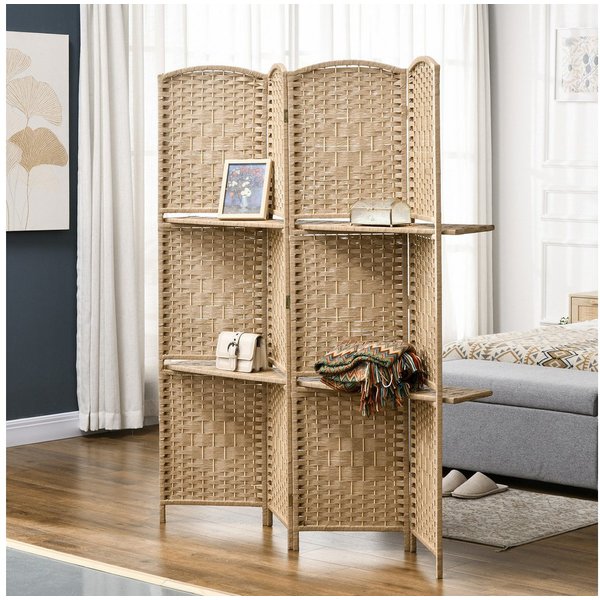 HOMCOM Paravent Raumteiler, 160 x 170 cm, Trennwand, Kiefernholz (Set, 4 St., 4-teilig, mit 2 Regalen), 4-teilig, faltbar, mit 2 Regalböden