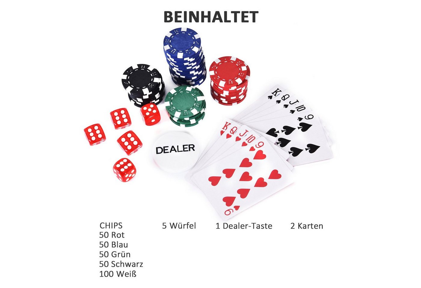 HOMCOM Pokerkoffer mit 200 Pokerchips, 2 Kartenspielen & 5 Würfeln im Alukoffer, 29,5x20,5x6,5 cm, ideal für Spieleabende Aosom.de – Bild 5 von 5