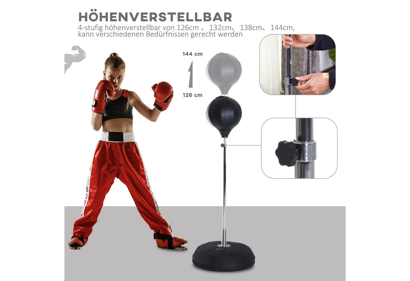 HOMCOM Punchingball 126-144cm mit Ständer Boxbirne Boxhandschuhen Pumpe Speedball (Boxständer, 1-tlg., Boxsack), höhenverstellbar, Schwarz – Bild 4 von 5