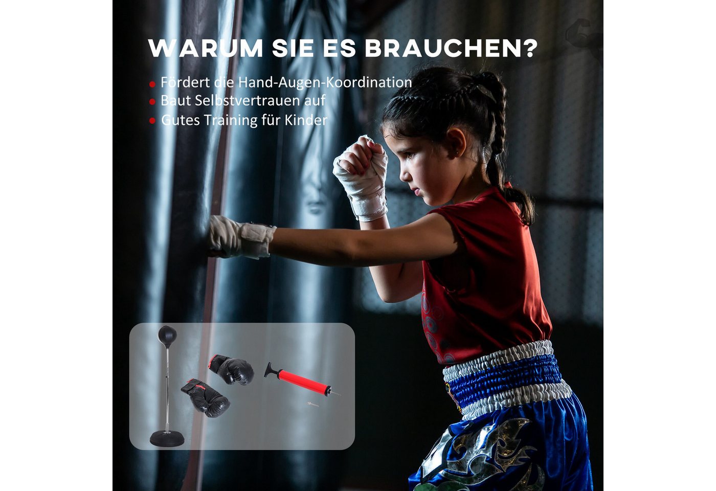 HOMCOM Punchingball 126-144cm mit Ständer Boxbirne Boxhandschuhen Pumpe Speedball (Boxständer, 1-tlg., Boxsack), höhenverstellbar, Schwarz – Bild 5 von 5