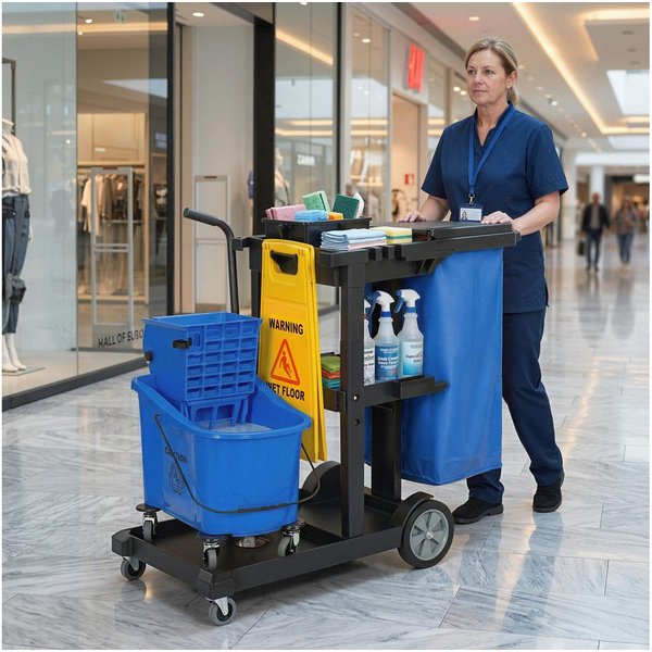 HOMCOM Putzeimer Putzwagen mit 3 Ebenen, Rollen, Moppeimer mit Presse, (Wischwagen, 1-tlg., Reinigungswagen mit Wischeimer und Müllsack), für Hotel, Einkaufszen