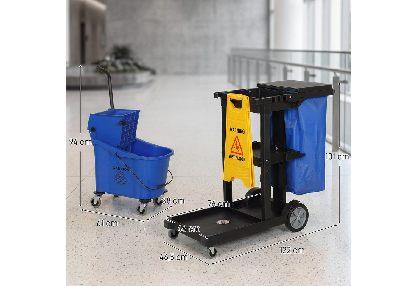 HOMCOM Putzeimer Putzwagen mit 3 Ebenen, Rollen, Moppeimer mit Presse, (Wischwagen, 1-tlg., Reinigungswagen mit Wischeimer und Müllsack), für Hotel, Einkaufszen – Bild 3 von 5