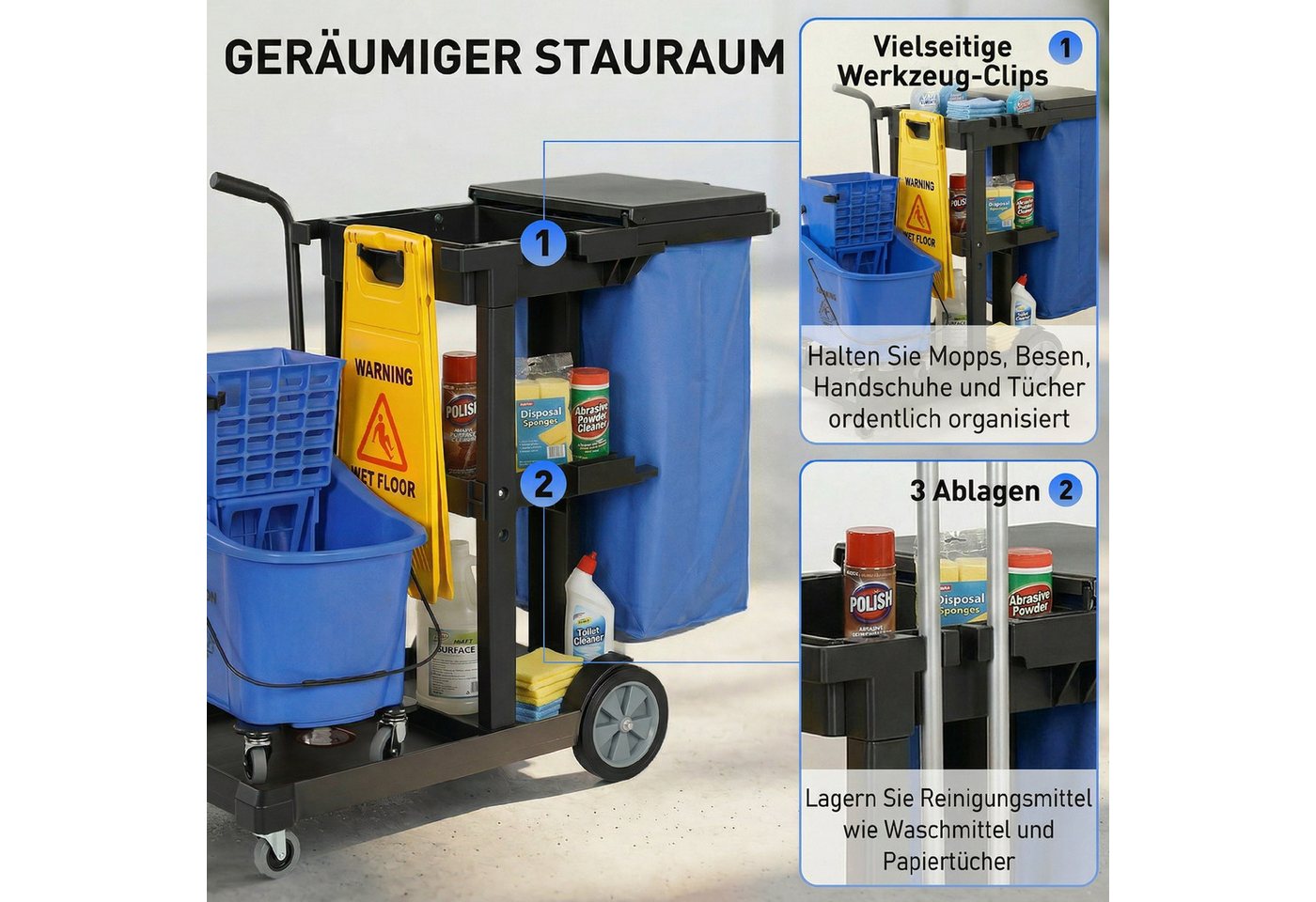 HOMCOM Putzeimer Putzwagen mit 3 Ebenen, Rollen, Moppeimer mit Presse, (Wischwagen, 1-tlg., Reinigungswagen mit Wischeimer und Müllsack), für Hotel, Einkaufszen – Bild 4 von 5