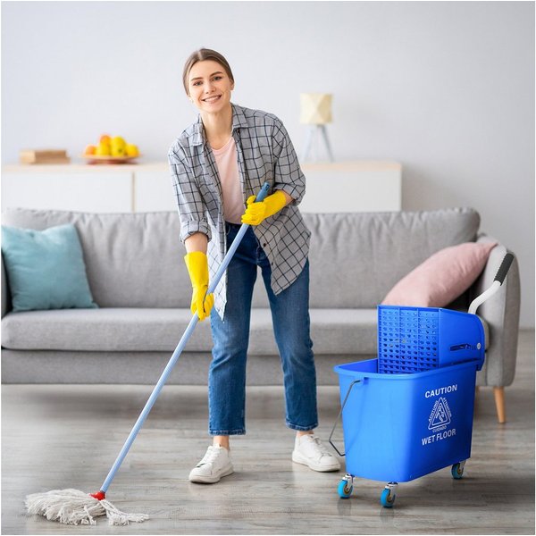 HOMCOM Putzeimer Reinigungswagen mit Wischmopp, 20 L Eimer, mit Trennwand, (Wischwagen, 1-tlg., Putzwage), mit Presse 2 Kammern Blau