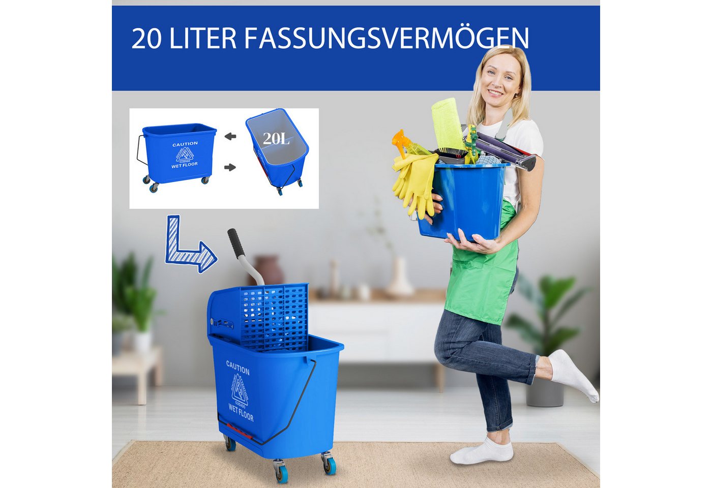 HOMCOM Putzeimer Reinigungswagen mit Wischmopp, 20 L Eimer, mit Trennwand, (Wischwagen, 1-tlg., Putzwage), mit Presse 2 Kammern Blau – Bild 4 von 5