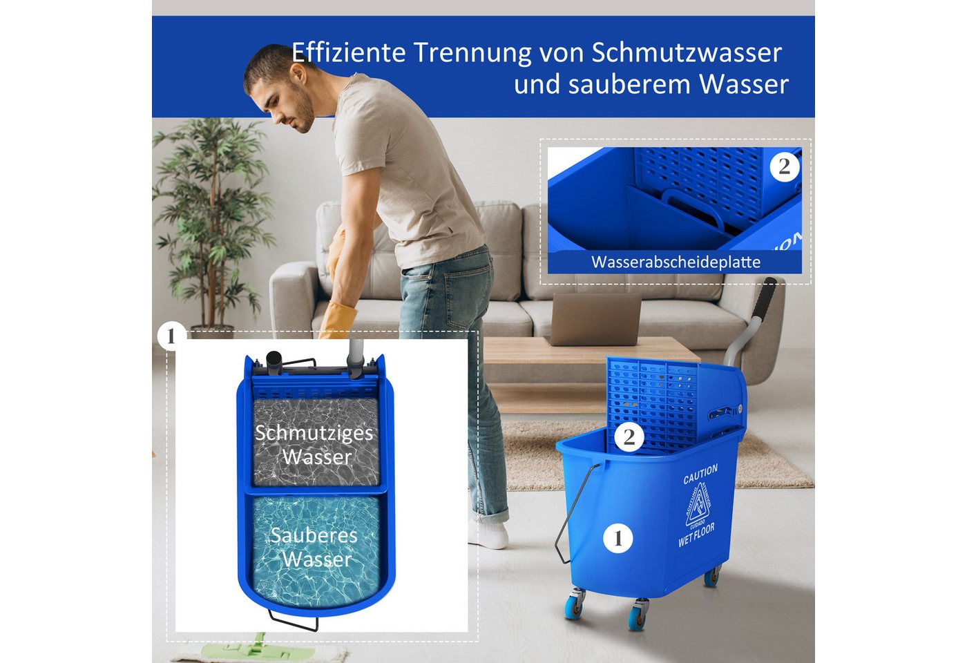 HOMCOM Putzeimer Reinigungswagen mit Wischmopp, 20 L Eimer, mit Trennwand, (Wischwagen, 1-tlg., Putzwage), mit Presse 2 Kammern Blau – Bild 5 von 5