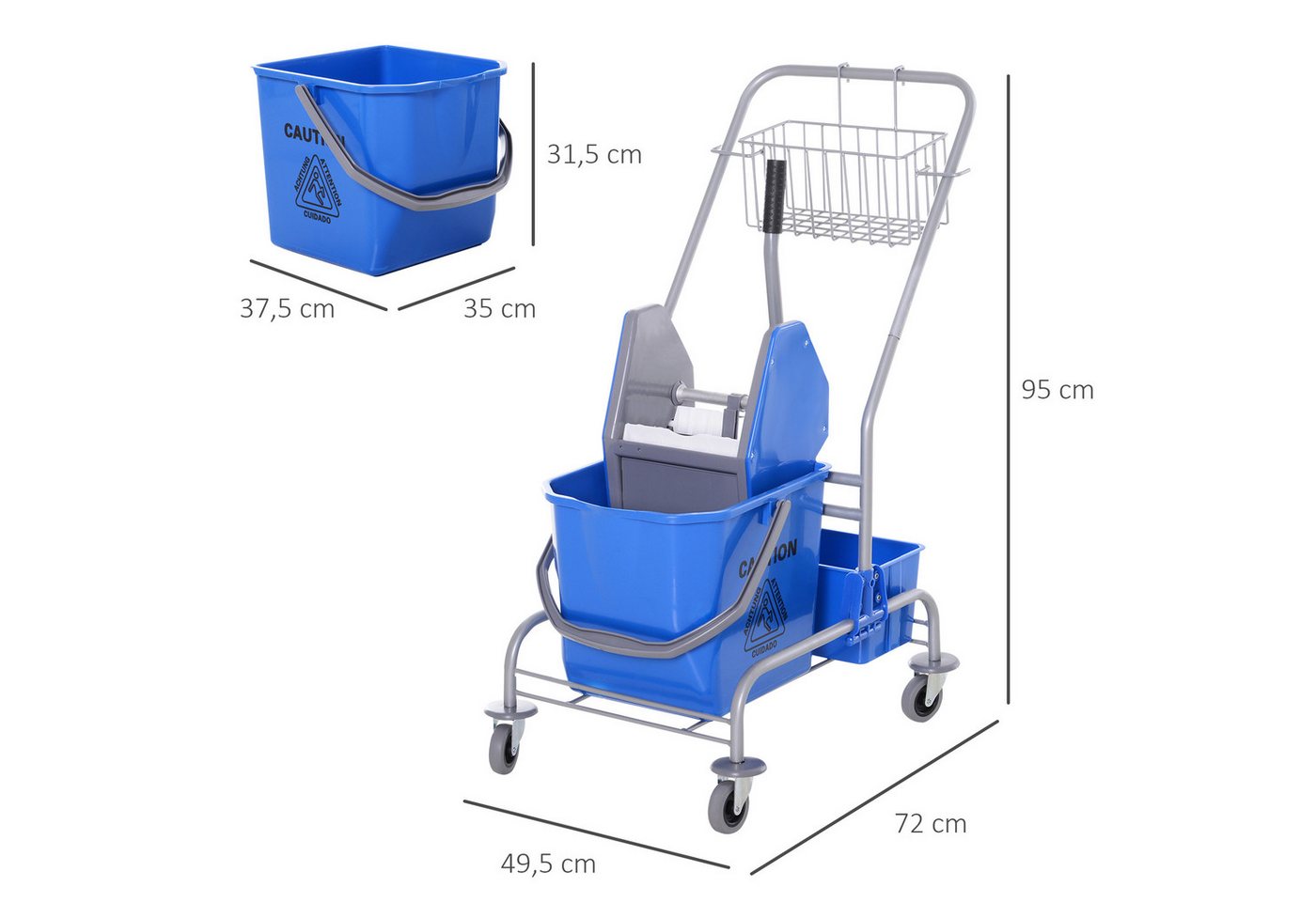 HOMCOM Putzwagen Fahreimer, Putzeimer, Wischwagen mit Haken für Mopp blau, (Set, 1-St., Reinigungswagen mit Eimer und Korb), 25L Eimer, Auswringvorrichtung, 4 R – Bild 3 von 5