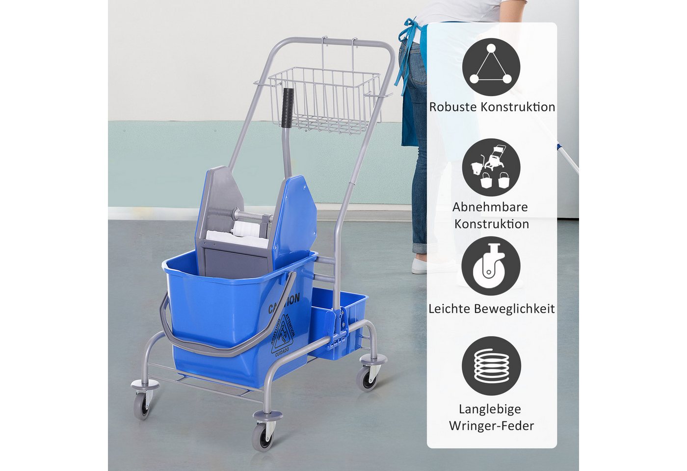 HOMCOM Putzwagen Fahreimer, Putzeimer, Wischwagen mit Haken für Mopp blau, (Set, 1-St., Reinigungswagen mit Eimer und Korb), 25L Eimer, Auswringvorrichtung, 4 R – Bild 4 von 5