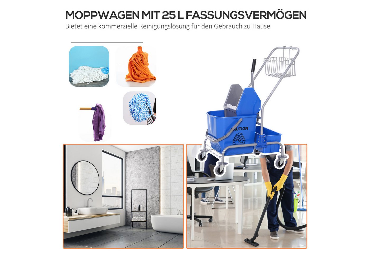 HOMCOM Putzwagen Fahreimer, Putzeimer, Wischwagen mit Haken für Mopp blau, (Set, 1-St., Reinigungswagen mit Eimer und Korb), 25L Eimer, Auswringvorrichtung, 4 R – Bild 5 von 5