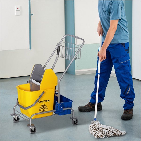HOMCOM Putzwagen Fahreimer, Putzeimer, Wischwagen mit Haken für Mopp Gelb, (Set, 1-St., Reinigungswagen mit Eimer und Korb), 25L Eimer, Auswringvorrichtung, 4 R