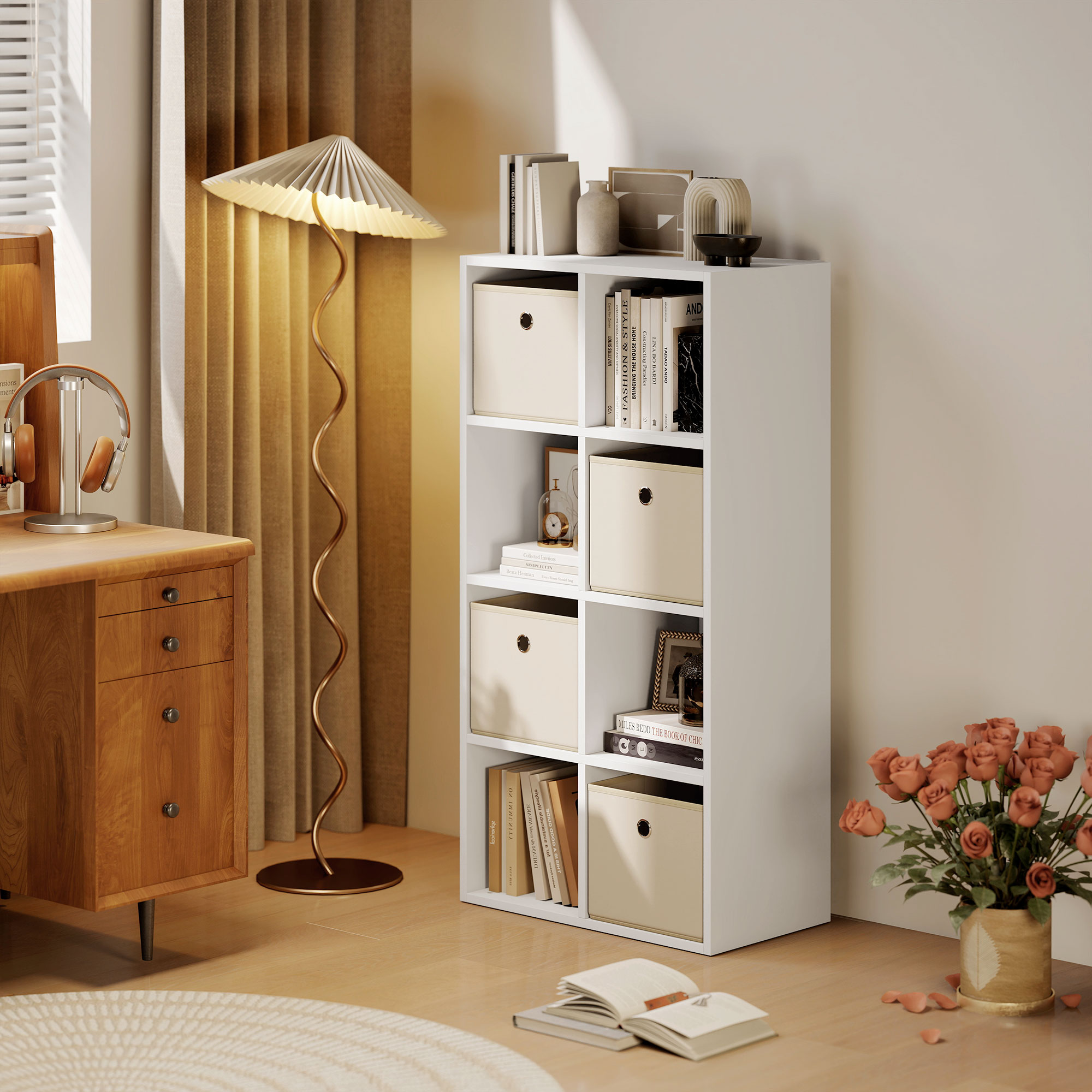 HOMCOM Regal mit 8 Würfeln, Bücherregal, Regal für Bücher mit 4 Stoffschubladen, Horizontal oder Vertikal, für Wohnzimmer, Schlafzimmer, Studie, 105,9x30x53,7 c – Bild 2 von 2