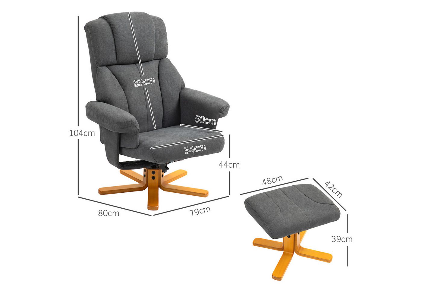 HOMCOM Relaxsessel Relaxsessel, Liegesessel mit Hocker, bis 150 kg, Dunkelgrau (Liegesessel mit Hocker, 2-St., Fernsehsessel), für Wohnzimmer, Schlafzimmer, 79  – Bild 3 von 5