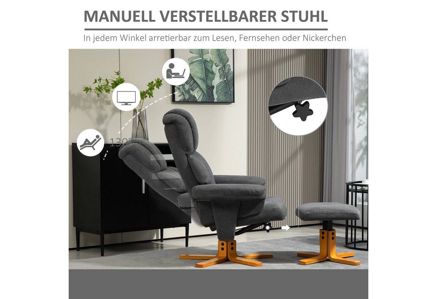 HOMCOM Relaxsessel Relaxsessel, Liegesessel mit Hocker, bis 150 kg, Dunkelgrau (Liegesessel mit Hocker, 2-St., Fernsehsessel), für Wohnzimmer, Schlafzimmer, 79  – Bild 4 von 5