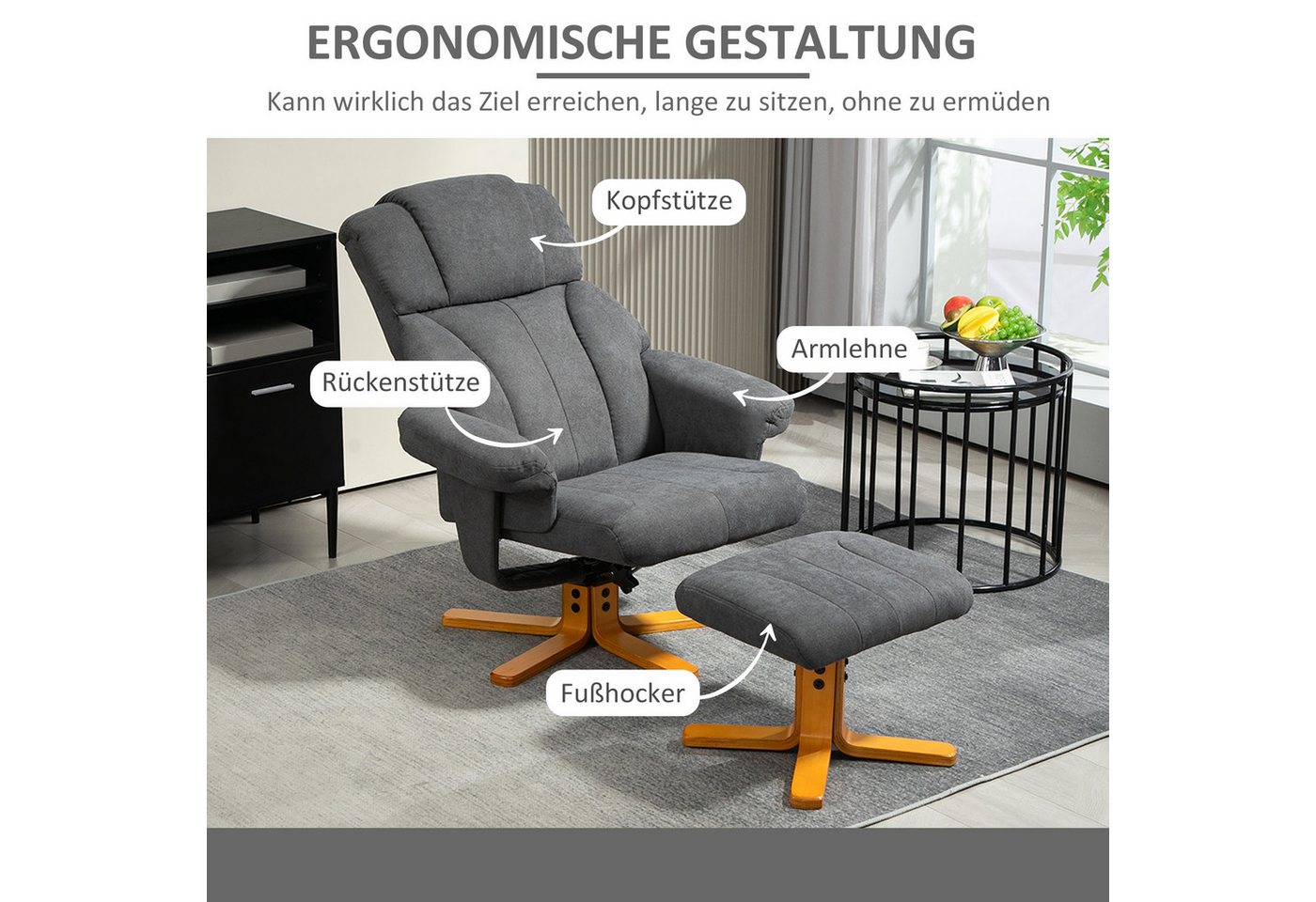 HOMCOM Relaxsessel Relaxsessel, Liegesessel mit Hocker, bis 150 kg, Dunkelgrau (Liegesessel mit Hocker, 2-St., Fernsehsessel), für Wohnzimmer, Schlafzimmer, 79  – Bild 5 von 5