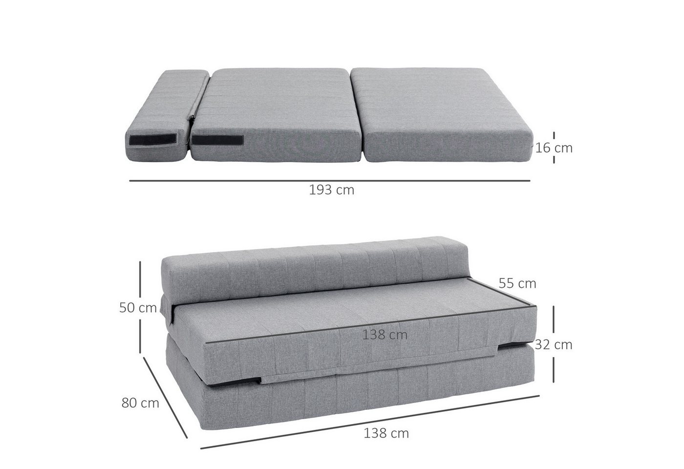 HOMCOM Relaxsessel 2-in-1 Schlafsofa Leinenoptik, 2-Personen, bis 250 kg belastbar (Sofabett, 1-St., Bodensofa), für Wohnzimmer, Schlafzimmer, Grau – Bild 3 von 5