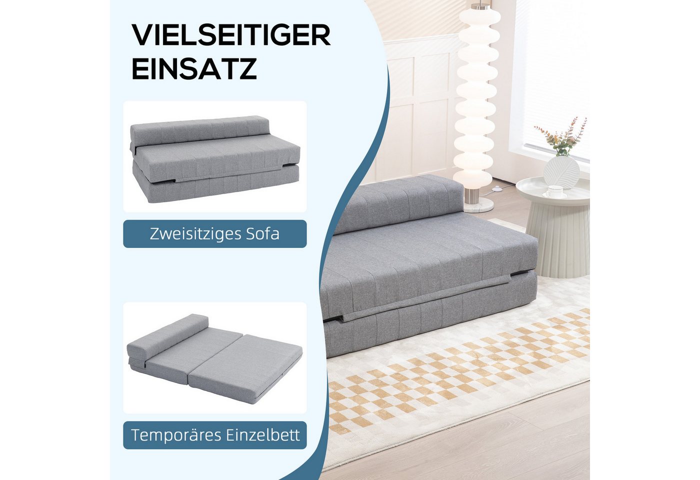 HOMCOM Relaxsessel 2-in-1 Schlafsofa Leinenoptik, 2-Personen, bis 250 kg belastbar (Sofabett, 1-St., Bodensofa), für Wohnzimmer, Schlafzimmer, Grau – Bild 4 von 5
