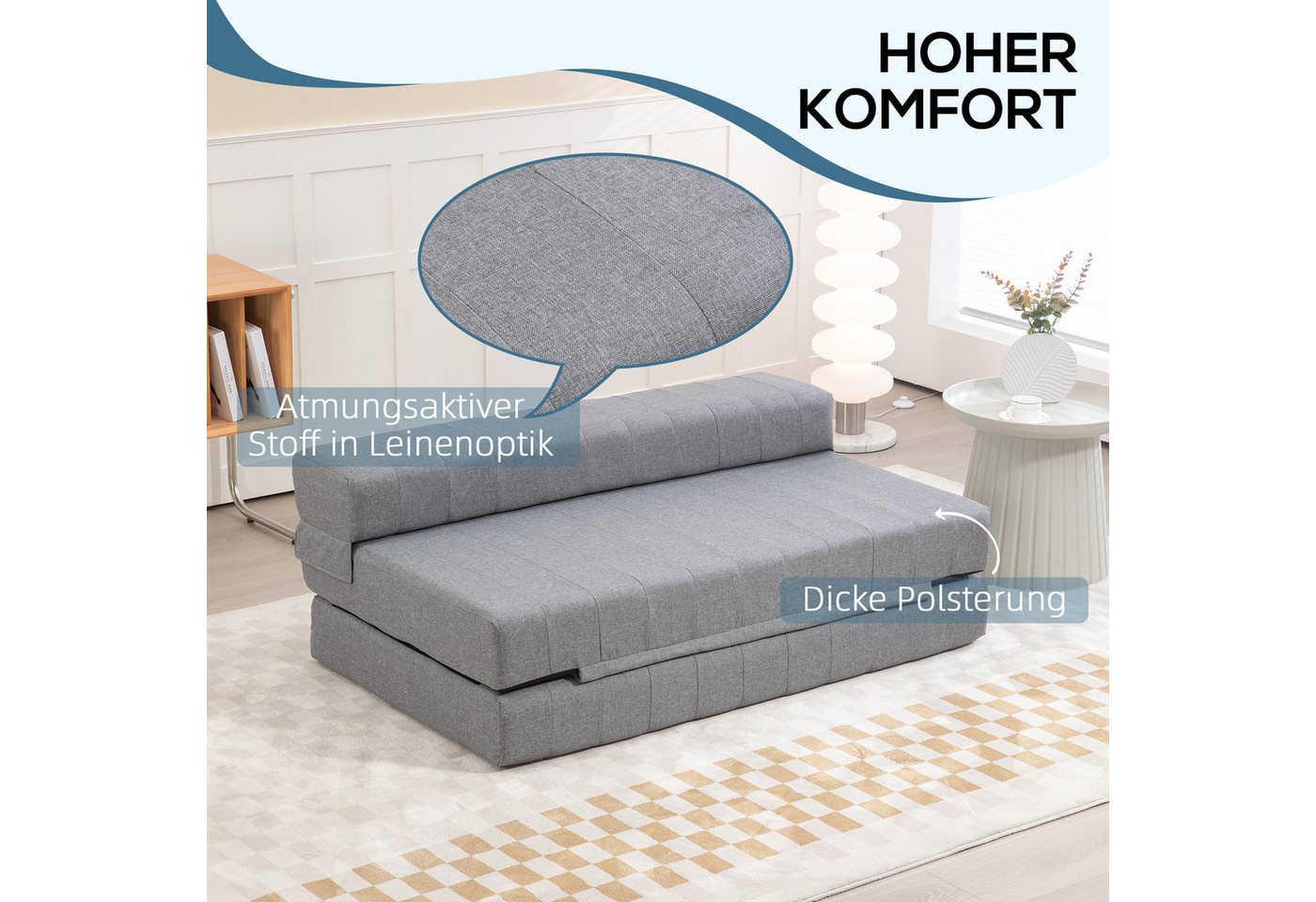 HOMCOM Relaxsessel 2-in-1 Schlafsofa Leinenoptik, 2-Personen, bis 250 kg belastbar (Sofabett, 1-St., Bodensofa), für Wohnzimmer, Schlafzimmer, Grau – Bild 5 von 5