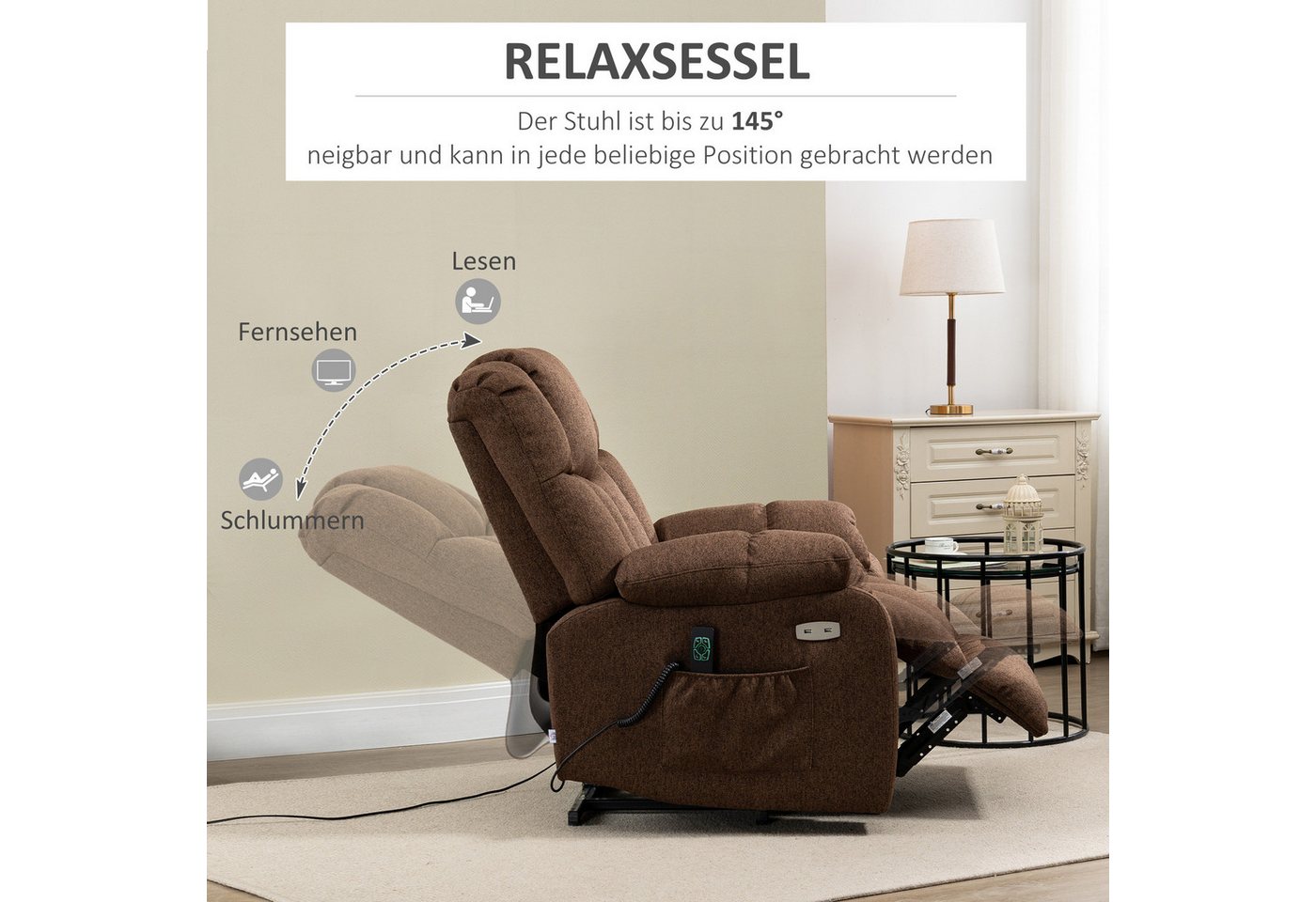 HOMCOM Relaxsessel Aufstehsessel, Stahlrahmen, mit Fernbedienung (Fernsehsessel, 1-St., Aufstehsessel), mit Rückenlehnenkissen und Fußstütze, für Wohnzimmer, Br – Bild 4 von 5