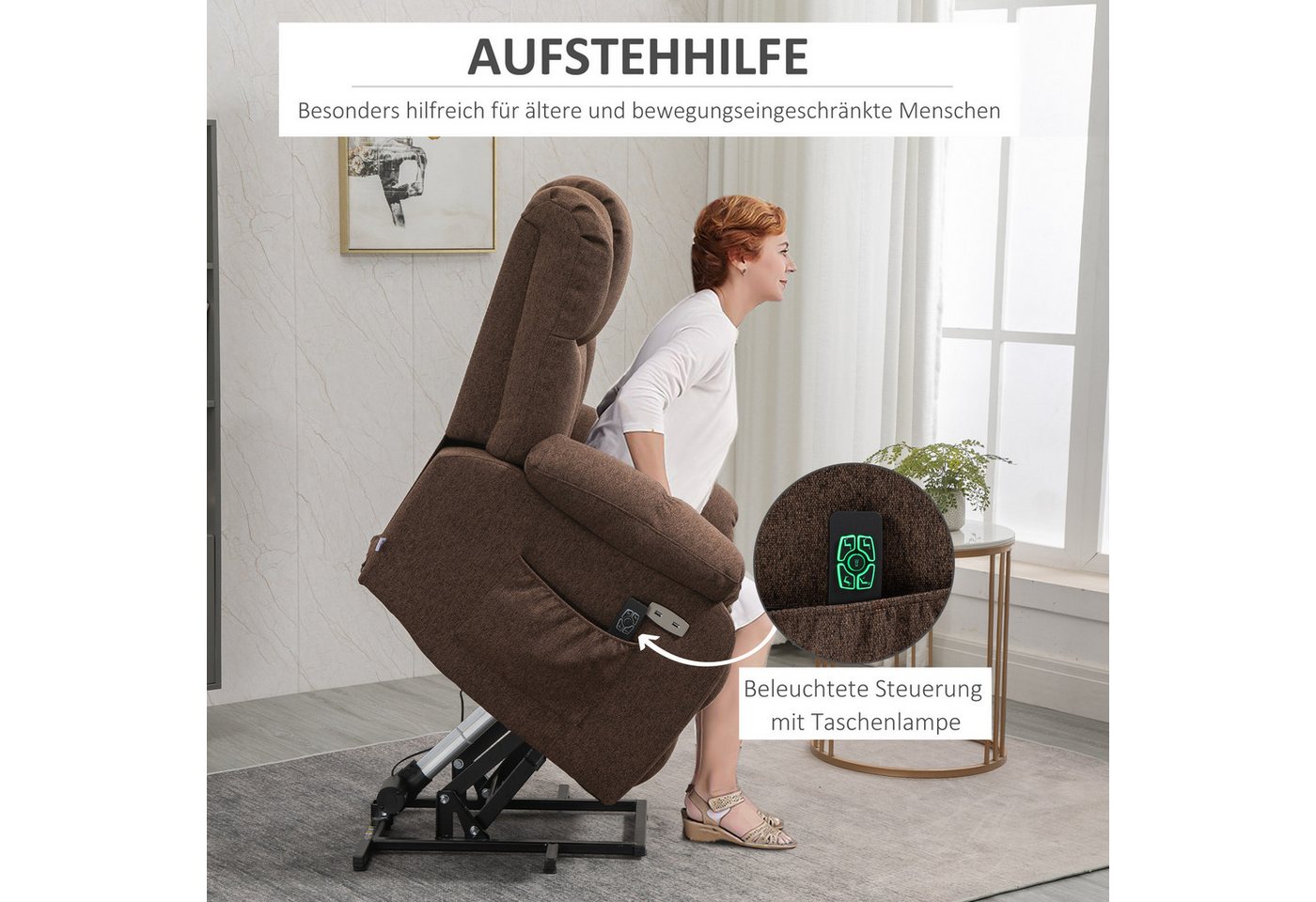 HOMCOM Relaxsessel Aufstehsessel, Stahlrahmen, mit Fernbedienung (Fernsehsessel, 1-St., Aufstehsessel), mit Rückenlehnenkissen und Fußstütze, für Wohnzimmer, Br – Bild 5 von 5
