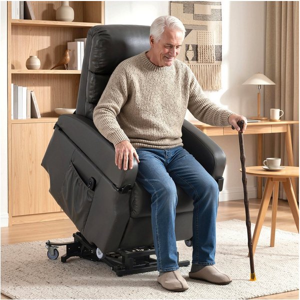 HOMCOM Relaxsessel Elektrisch, Aufklappbaren Armlehnen, mit Rollen, Kunstleder (TV Sessel, 1-St., Ruhesessel), Elektrische Aufstehhilfe, Doppelmotor, Liegefunkt