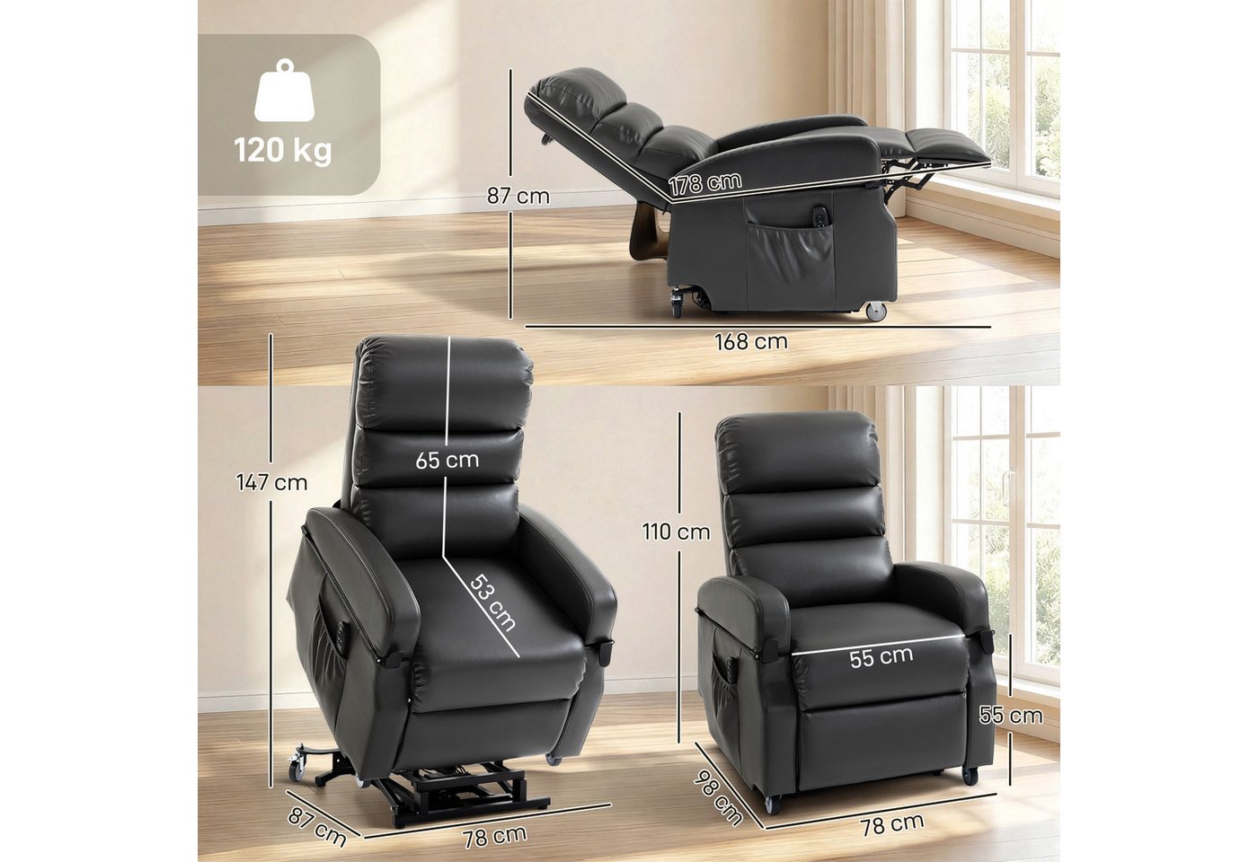 HOMCOM Relaxsessel Elektrisch, Aufklappbaren Armlehnen, mit Rollen, Kunstleder (TV Sessel, 1-St., Ruhesessel), Elektrische Aufstehhilfe, Doppelmotor, Liegefunkt – Bild 3 von 5