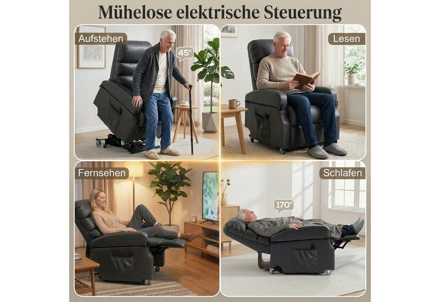 HOMCOM Relaxsessel Elektrisch, Aufklappbaren Armlehnen, mit Rollen, Kunstleder (TV Sessel, 1-St., Ruhesessel), Elektrische Aufstehhilfe, Doppelmotor, Liegefunkt – Bild 4 von 5