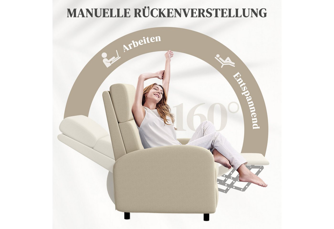 HOMCOM Relaxsessel Fernsehsessel, gepolstert, Sessel mit verstellbarer Rückenlehne (gepolstert TV-Sessel, 1-St., Liegesessel mit Leinenoptik, Fußstütze), bis 12 – Bild 4 von 5