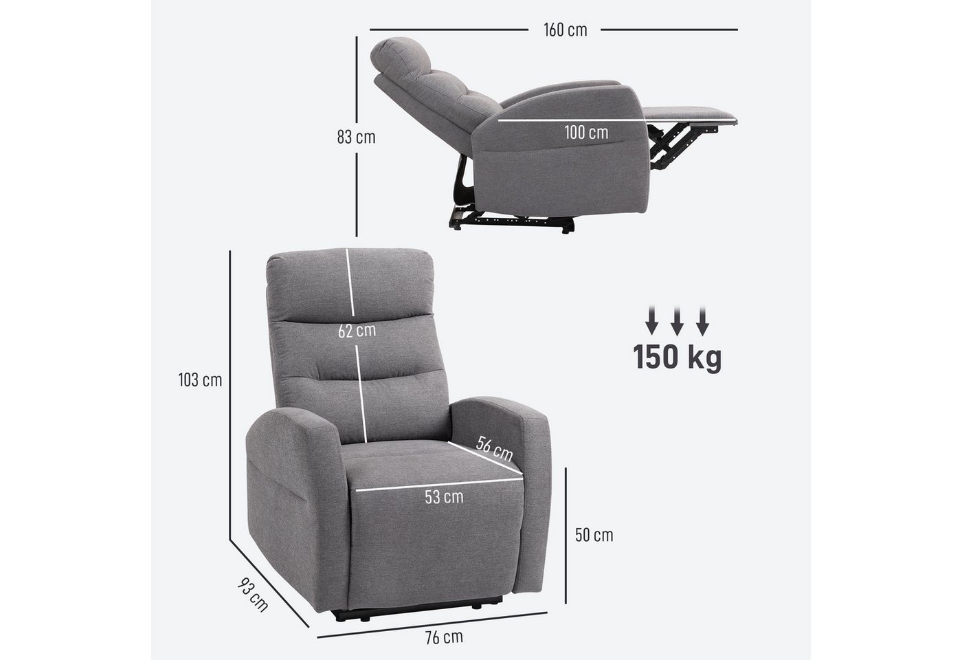 HOMCOM Relaxsessel Fernsehsessel, TV-Sessel mit Fußteil, Leinenoptik, bis 150 kg (moderner Polstersessel, 1-St., Verstellbarer Relaxsessel mit Fußstütze), für W – Bild 3 von 5