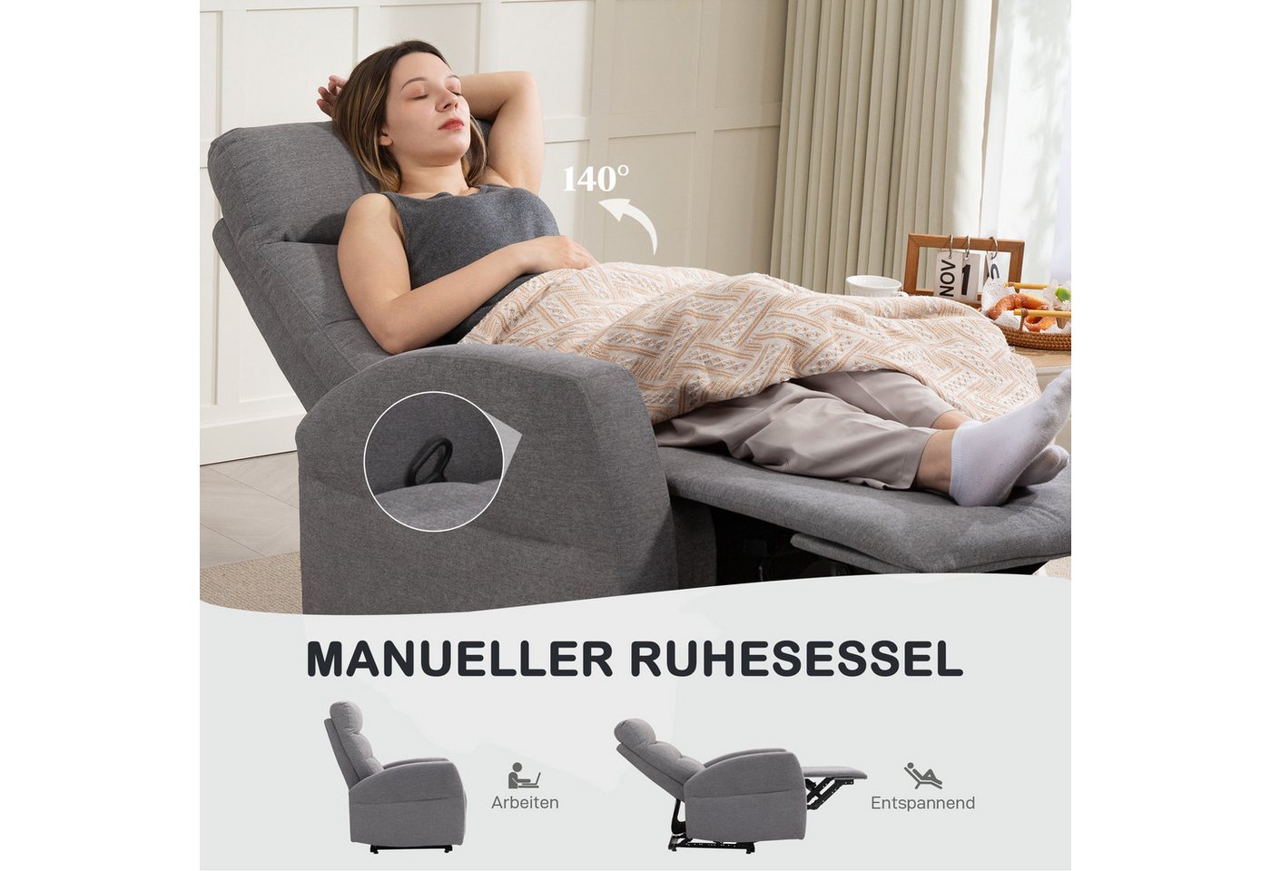 HOMCOM Relaxsessel Fernsehsessel, TV-Sessel mit Fußteil, Leinenoptik, bis 150 kg (moderner Polstersessel, 1-St., Verstellbarer Relaxsessel mit Fußstütze), für W – Bild 4 von 5