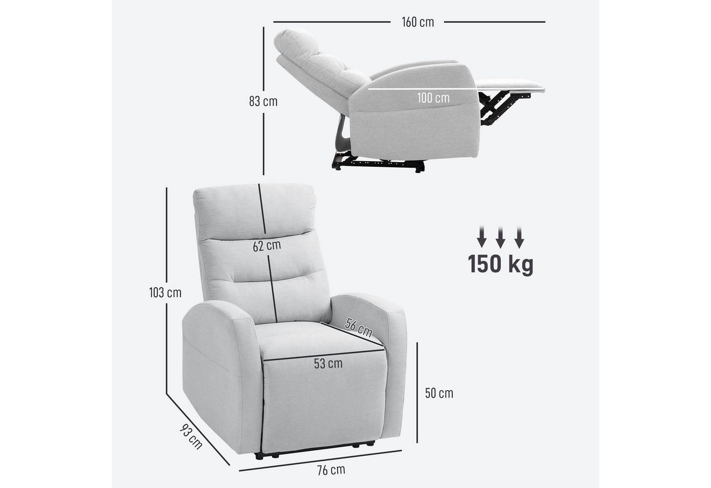 HOMCOM Relaxsessel Fernsehsessel, TV-Sessel mit Fußteil, Leinenoptik, bis 150 kg (moderner Polstersessel, 1-St., Verstellbarer Relaxsessel mit Fußstütze), für W – Bild 3 von 5