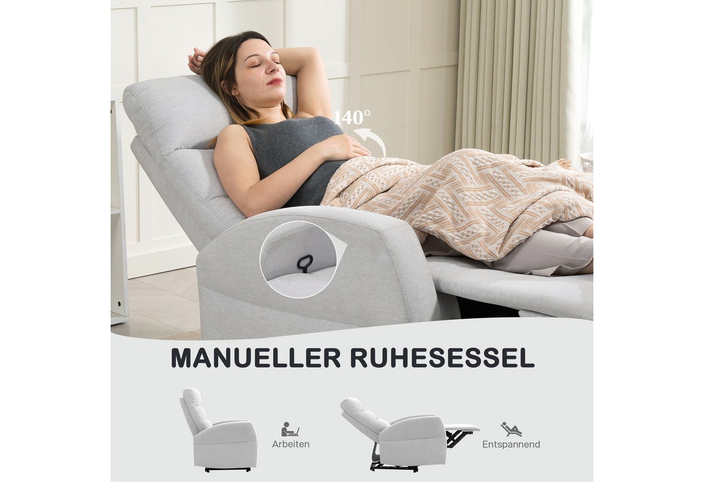 HOMCOM Relaxsessel Fernsehsessel, TV-Sessel mit Fußteil, Leinenoptik, bis 150 kg (moderner Polstersessel, 1-St., Verstellbarer Relaxsessel mit Fußstütze), für W – Bild 4 von 5