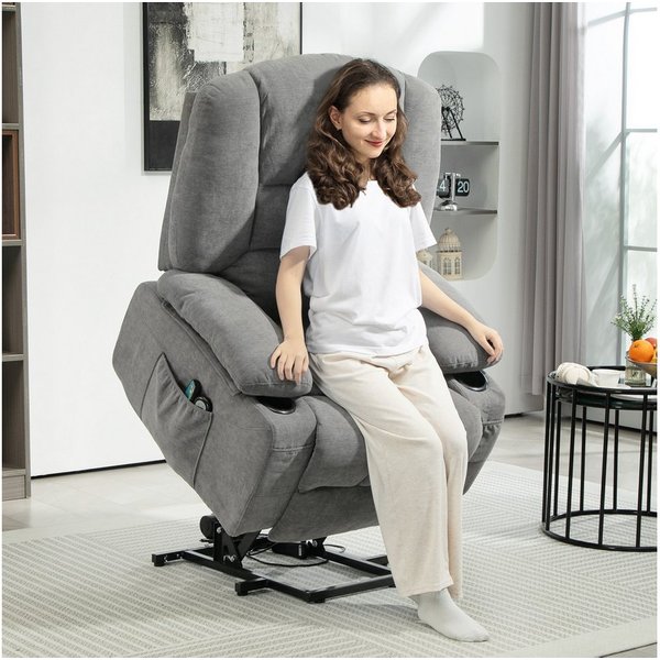 HOMCOM Relaxsessel Fernsehsessel mit Aufstehhilfe Massagesessel Becherhalter (Kord, 1-St., TV-Sessel), mit Seitentasche und Fernbedienung, Dunkelgrau
