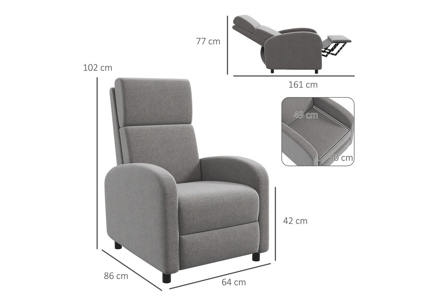 HOMCOM Relaxsessel Fernsehsessel, gepolstert, Sessel mit verstellbarer Rückenlehne (TV-Sessel, 1-St., Liegesessel), bis 120 kg Belastbar, für Wohnzimmer, Grau – Bild 3 von 5