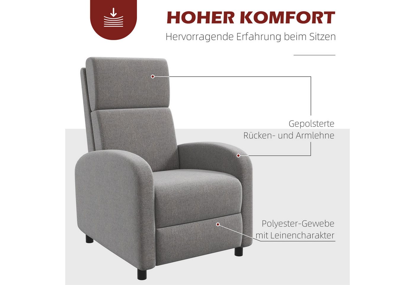 HOMCOM Relaxsessel Fernsehsessel, gepolstert, Sessel mit verstellbarer Rückenlehne (TV-Sessel, 1-St., Liegesessel), bis 120 kg Belastbar, für Wohnzimmer, Grau – Bild 4 von 5