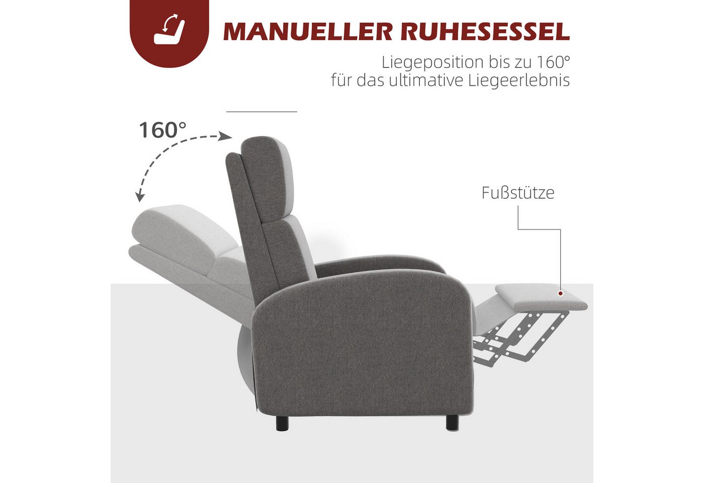 HOMCOM Relaxsessel Fernsehsessel, gepolstert, Sessel mit verstellbarer Rückenlehne (TV-Sessel, 1-St., Liegesessel), bis 120 kg Belastbar, für Wohnzimmer, Grau – Bild 5 von 5