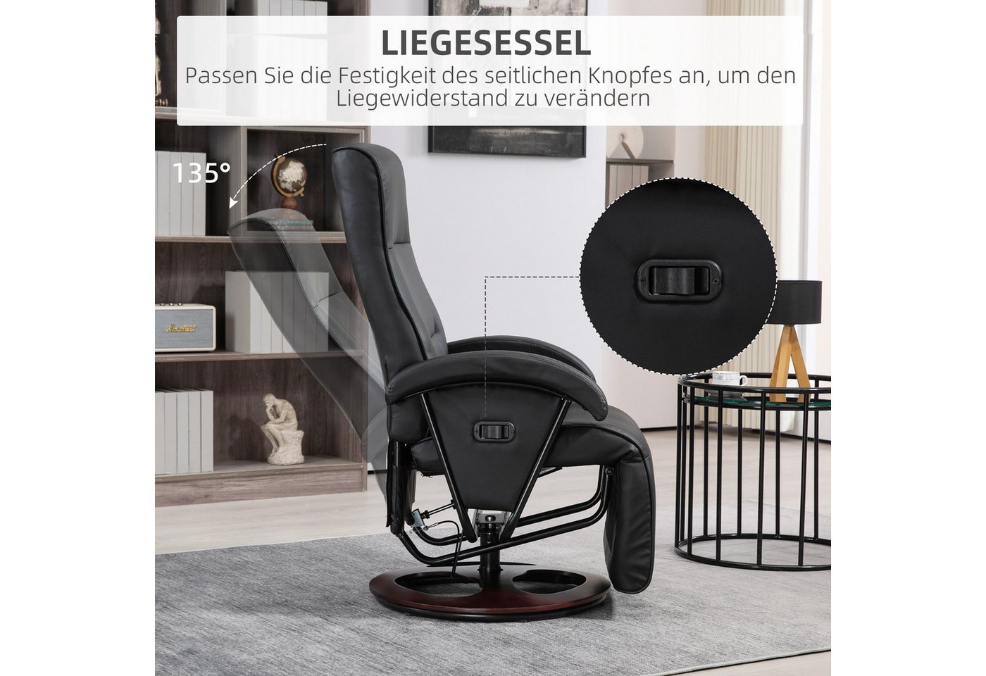 HOMCOM Relaxsessel Fernsehsessel Ruhesessel mit Liegefunktion, drehbar, Fußablage (Liegesessel, 1-St., TV-Sessel), für Wohnzimmer, Schlafzimmer, 86 x 66 x 107 c – Bild 4 von 5