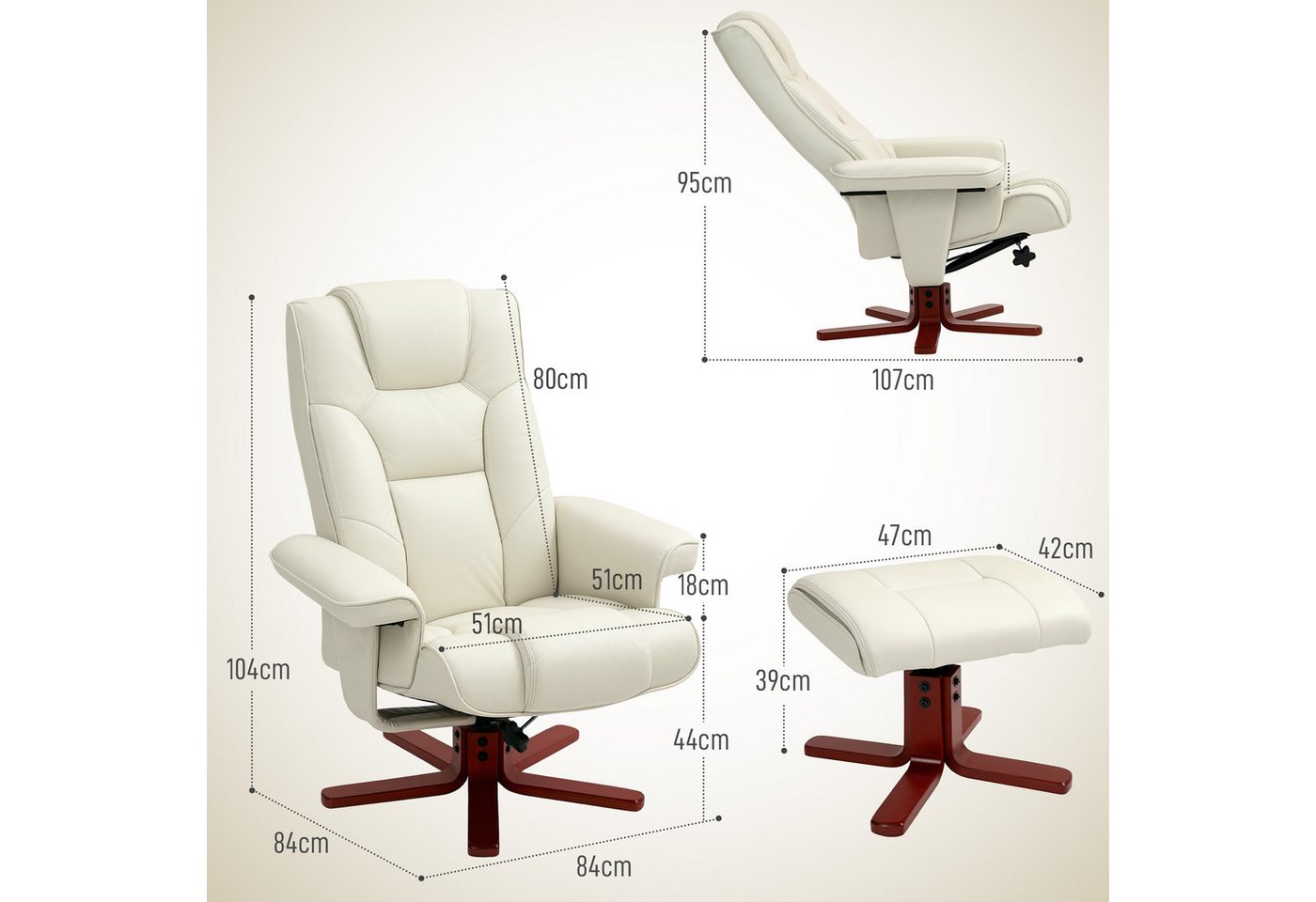 HOMCOM Relaxsessel Hocker, Fernsehsessel mit Liegefunktion, Wippfunktion (Gepolstert Liegesessel, 2-St., TV-Sessel), bis 150 kg, für Wohnzimmer, Kunstleder, Cre – Bild 3 von 5