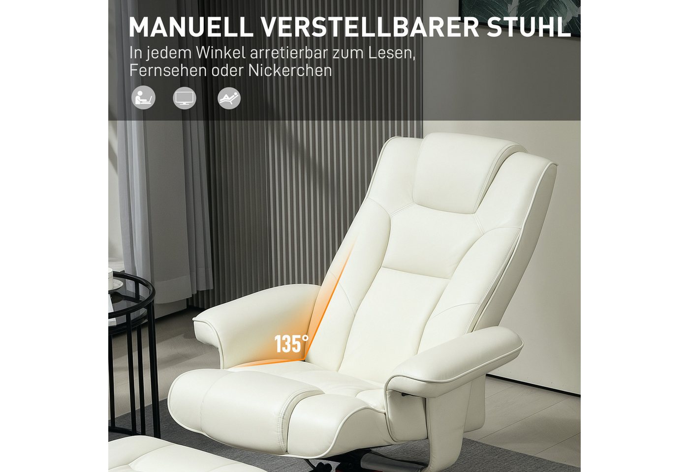 HOMCOM Relaxsessel Hocker, Fernsehsessel mit Liegefunktion, Wippfunktion (Gepolstert Liegesessel, 2-St., TV-Sessel), bis 150 kg, für Wohnzimmer, Kunstleder, Cre – Bild 4 von 5