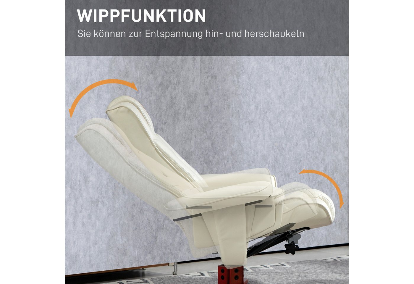HOMCOM Relaxsessel Hocker, Fernsehsessel mit Liegefunktion, Wippfunktion (Gepolstert Liegesessel, 2-St., TV-Sessel), bis 150 kg, für Wohnzimmer, Kunstleder, Cre – Bild 5 von 5