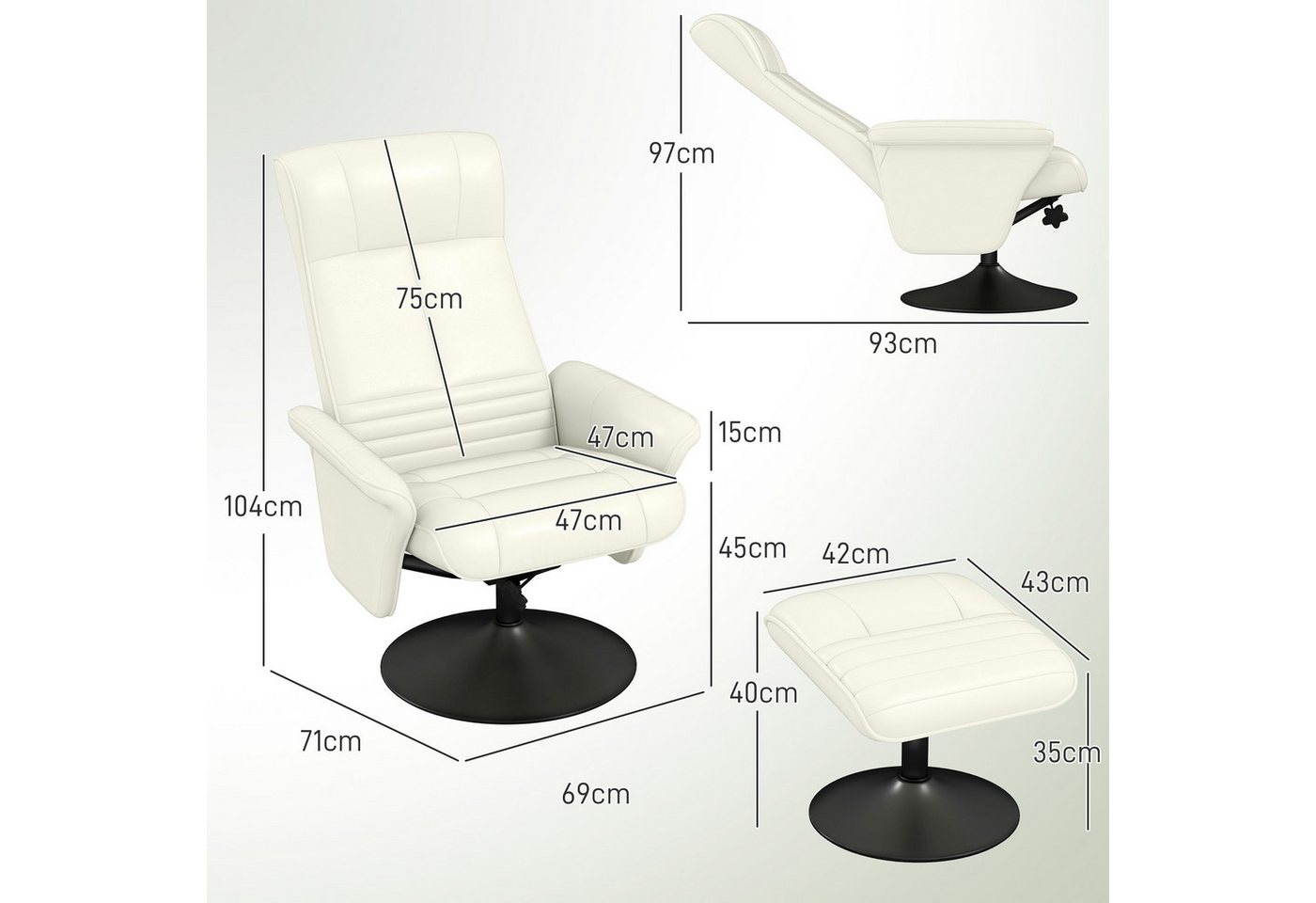 HOMCOM Relaxsessel Hocker, 360°drehbarer, mit Liegefunktion, Gepolstert (Fernsehsessel, 2-St., TV-Sessel), für Wohnzimmer, Schlafzimmer, Mikrofasertuch, Cremewe – Bild 3 von 5