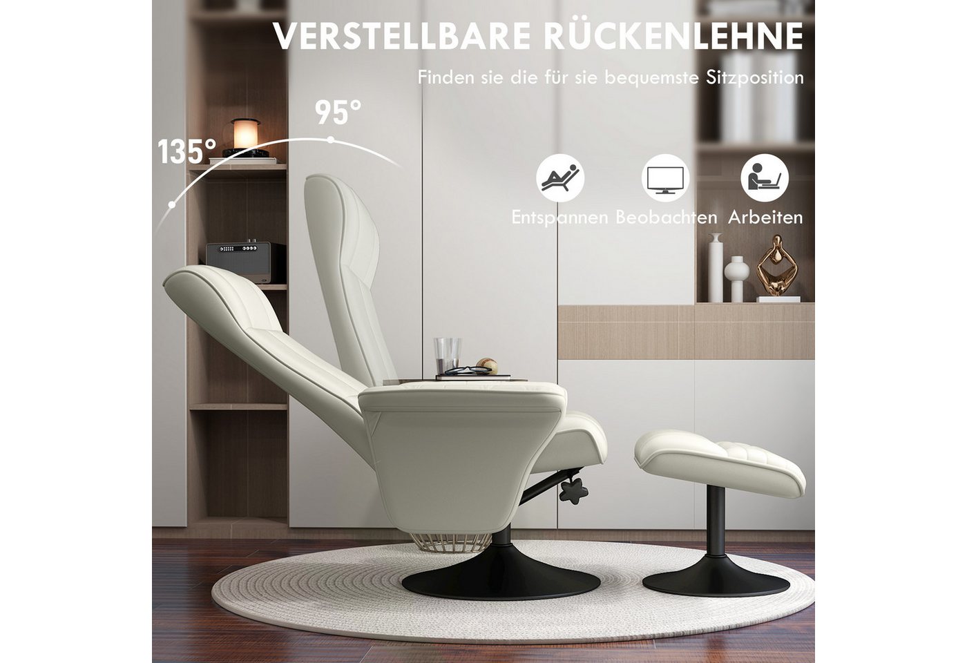 HOMCOM Relaxsessel Hocker, 360°drehbarer, mit Liegefunktion, Gepolstert (Fernsehsessel, 2-St., TV-Sessel), für Wohnzimmer, Schlafzimmer, Mikrofasertuch, Cremewe – Bild 4 von 5
