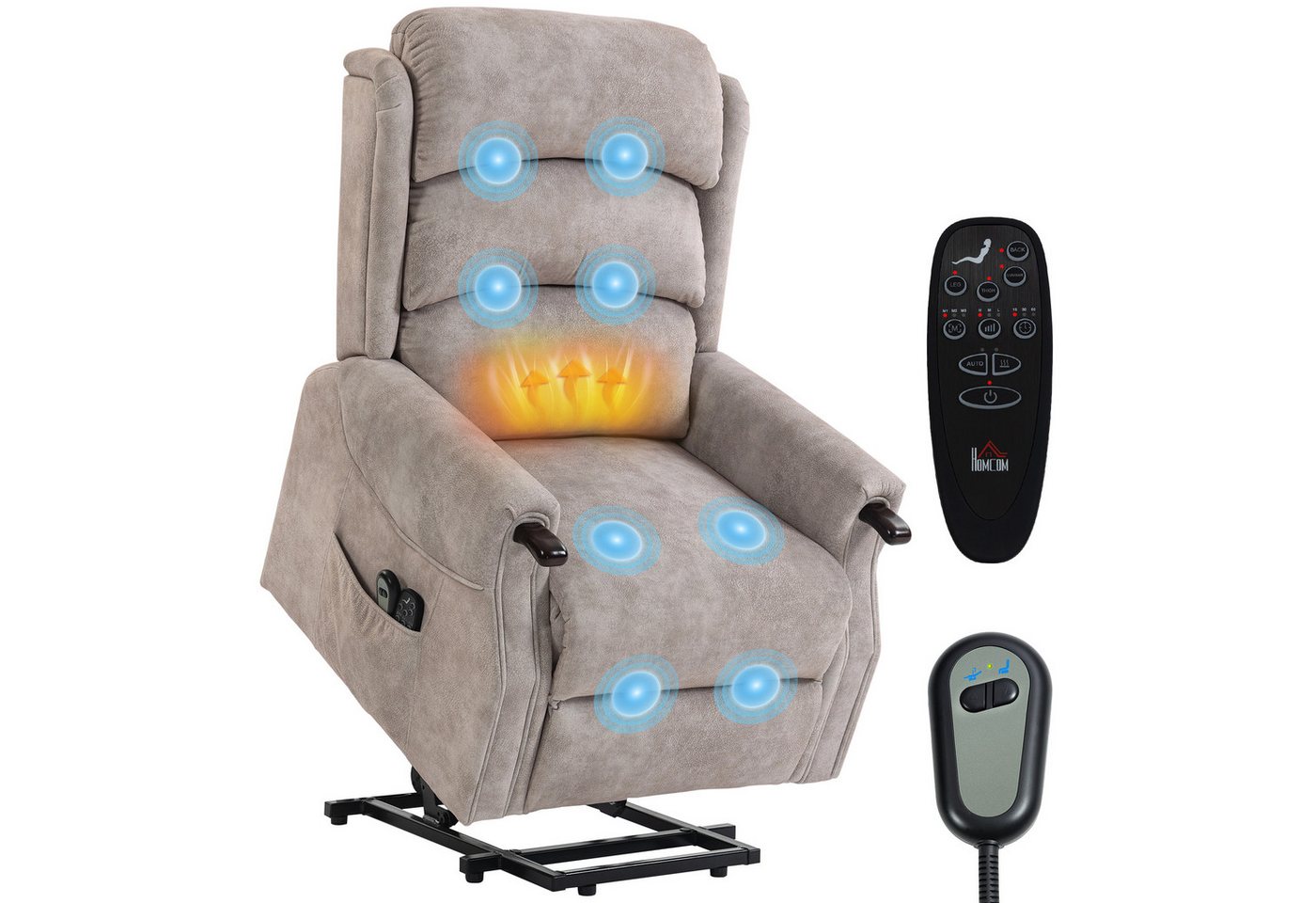 HOMCOM Relaxsessel Holzgriff, Fernbedienung, Seitentasche (Set, 1-St., 1), elektrische Aufstehhilfe, Massagemodus, Wärmefunktion – Bild 2 von 5