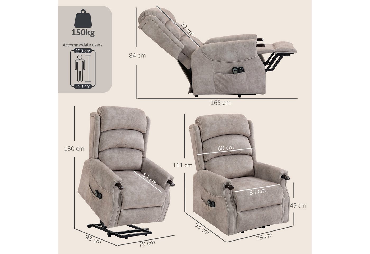 HOMCOM Relaxsessel Holzgriff, Fernbedienung, Seitentasche (Set, 1-St., 1), elektrische Aufstehhilfe, Massagemodus, Wärmefunktion – Bild 3 von 5