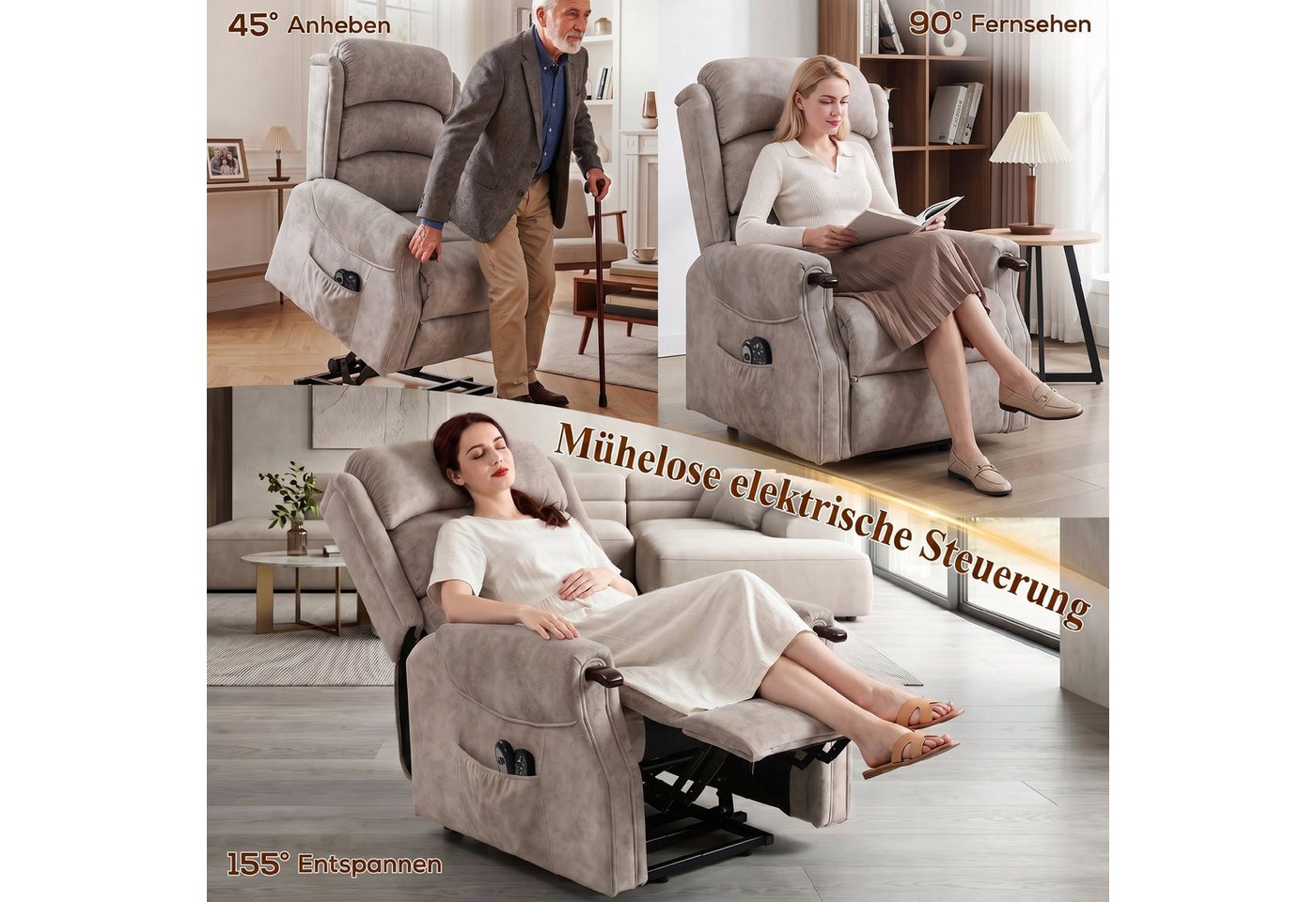 HOMCOM Relaxsessel Holzgriff, Fernbedienung, Seitentasche (Set, 1-St., 1), elektrische Aufstehhilfe, Massagemodus, Wärmefunktion – Bild 4 von 5