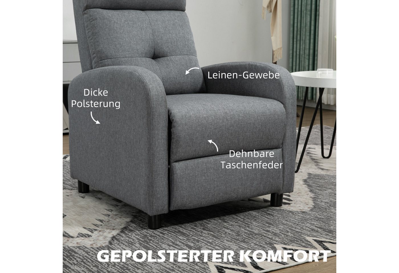 HOMCOM Relaxsessel Liegesessel mit Leinenoptik und Taschenfederkern, Ruhesessel (TV-Sessel mit Taschenfederkern, 1-St., Ruhesessel), für Wohnzimmer, Schlafzimme – Bild 5 von 5