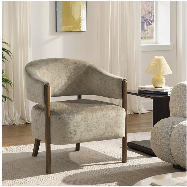 HOMCOM Relaxsessel Loungesessel, Polsterstuhl, für Wohnzimmer, Hellbraun (Schminkstuhl, 1-St., Armlehnstuhl), Eleganter Chenille-Stoff, Massivholzbeine