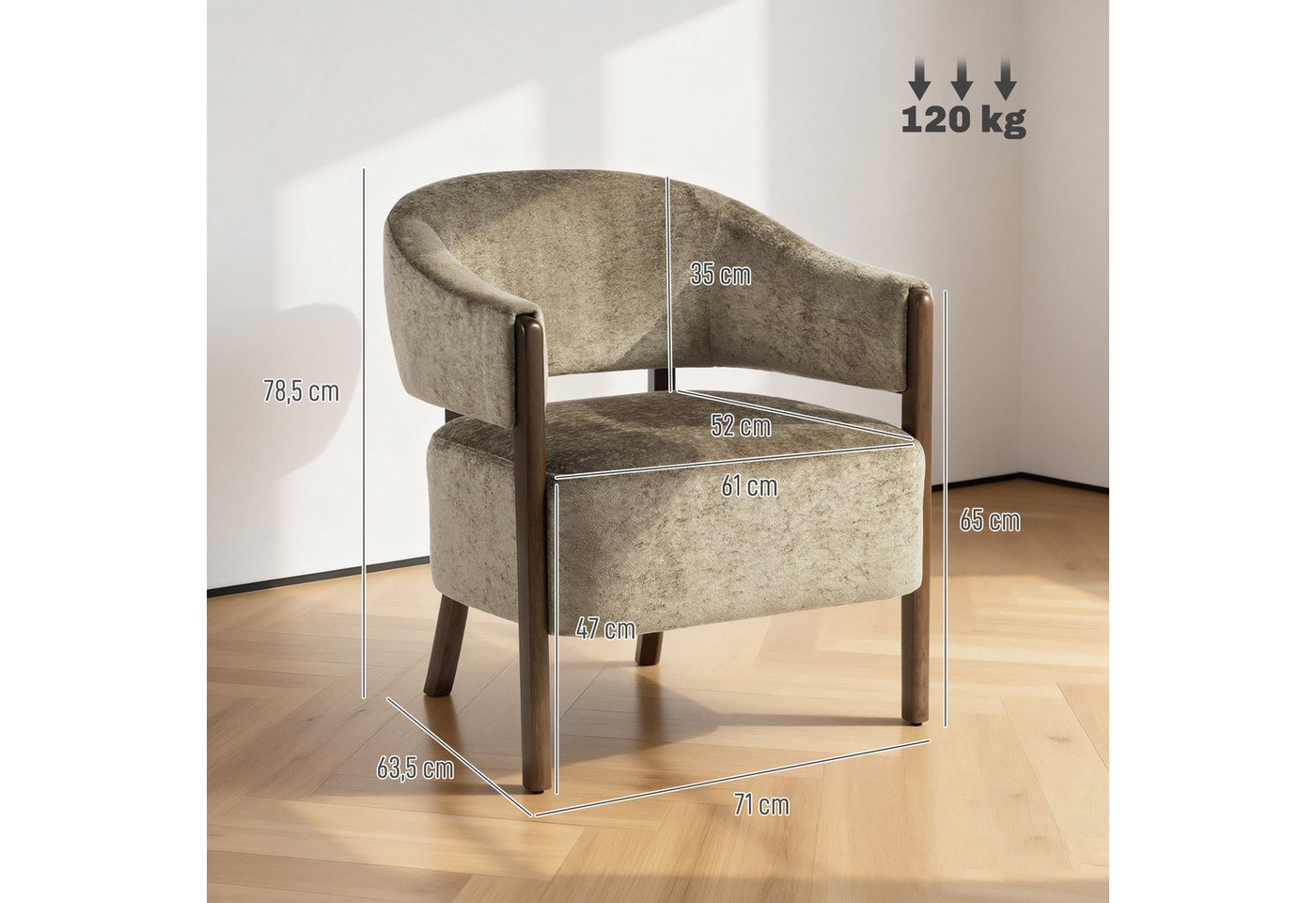 HOMCOM Relaxsessel Loungesessel, Polsterstuhl, für Wohnzimmer, Hellbraun (Schminkstuhl, 1-St., Armlehnstuhl), Eleganter Chenille-Stoff, Massivholzbeine – Bild 3 von 5
